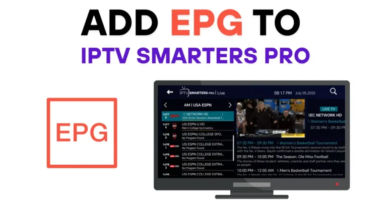 IPTV player interface showing a working TV guide grid with programme titles and timelines